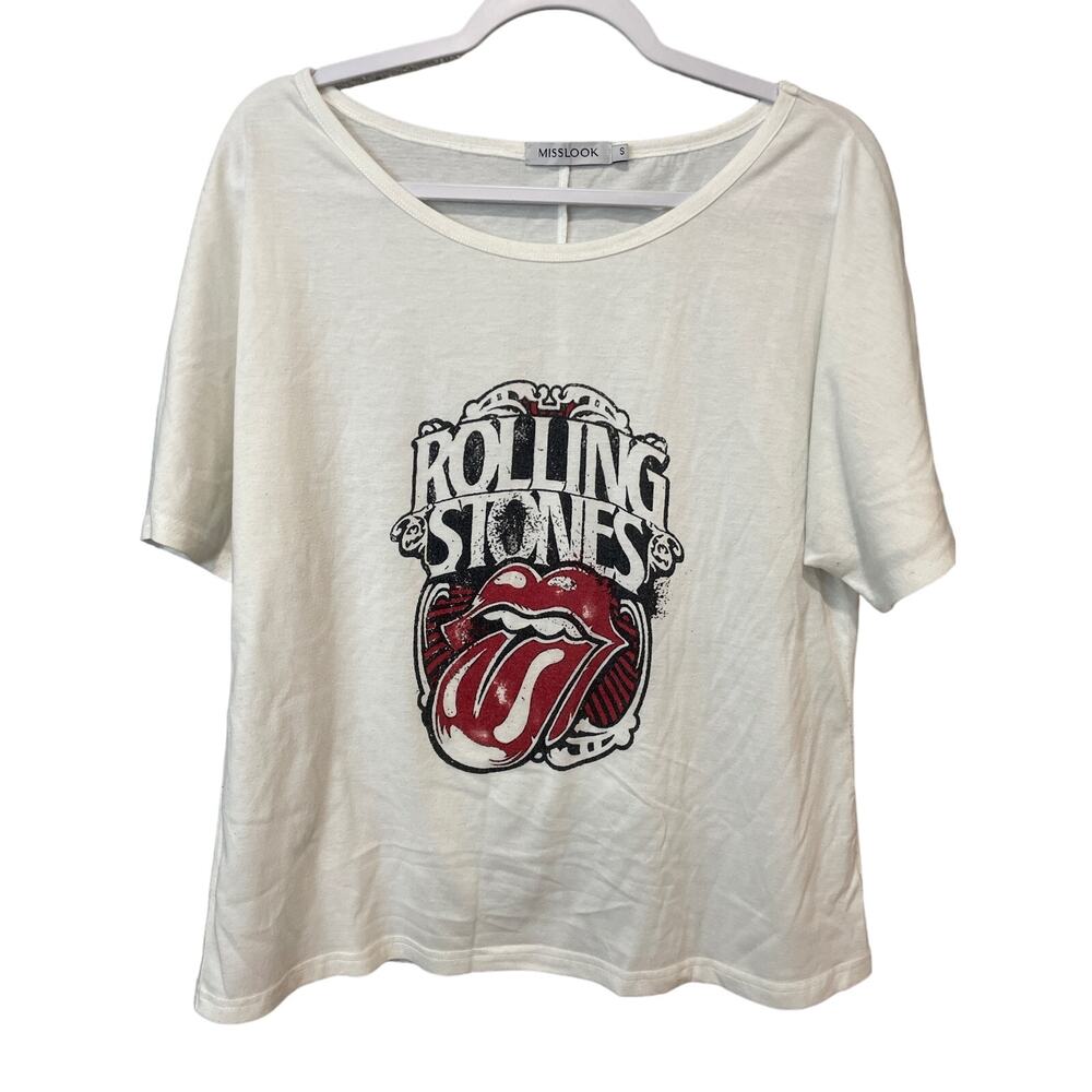 Misslook Size Small White Short Sleeves Rolling Stones Lightweight Tongue Logo - Picture 1 of 9